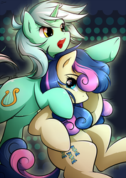 Size: 620x876 | Tagged: safe, artist:secret-pony, bon bon, lyra heartstrings, sweetie drops, earth pony, pony, unicorn, g4, female, lesbian, mare, open mouth, pointing, ship:lyrabon, shipping, underhoof