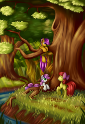 Size: 1625x2375 | Tagged: safe, artist:grennadder, apple bloom, scootaloo, sweetie belle, g4, cutie mark crusaders, forest, playing, river, tree