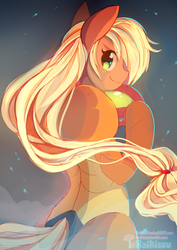 Size: 585x826 | Tagged: safe, artist:pekou, applejack, earth pony, anthro, g4, applesamus, armor, cosplay, crossover, cute, female, hatless, jackabetes, looking at you, looking back, metroid, missing accessory, nintendo, profile, samus aran, smiling, solo