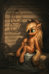 Size: 667x1000 | Tagged: safe, artist:assasinmonkey, applejack, earth pony, semi-anthro, g4, barn, belly button, female, loose hair, sitting, solo