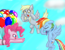 Size: 990x765 | Tagged: safe, artist:redanon, derpy hooves, pinkie pie, rainbow dash, pegasus, pony, g4, balloon, female, mare, then watch her balloons lift her up to the sky
