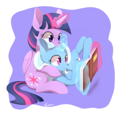 Size: 1700x1600 | Tagged: dead source, safe, artist:sion, trixie, twilight sparkle, alicorn, pony, g4, book, female, glowing horn, head on lap, horn, lesbian, magic, mare, palindrome get, reading, ship:twixie, shipping, telekinesis, twilight sparkle (alicorn)