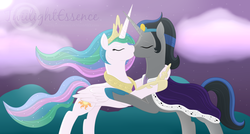 Size: 900x483 | Tagged: safe, artist:traveleraoi, king sombra, princess celestia, g4, female, good king sombra, kissing, male, ship:celestibra, shipping, straight