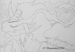 Size: 4369x3038 | Tagged: safe, artist:diamondwolfart, king sombra, g4, crystal heart, dark magic, lineart, magic, male, monochrome, solo, sombra eyes, traditional art