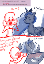 Size: 449x648 | Tagged: safe, artist:redanon, princess luna, oc, oc:anon, g4, 4chan, blushing, body swap, comic, requested art