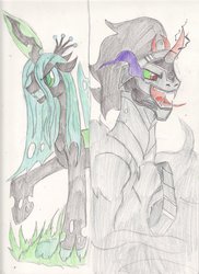 Size: 762x1049 | Tagged: safe, artist:mewmew55, king sombra, queen chrysalis, changeling, changeling queen, pony, unicorn, g4, female, traditional art