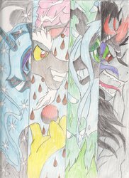 Size: 762x1049 | Tagged: safe, artist:mewmew55, discord, king sombra, nightmare moon, queen chrysalis, g4, traditional art