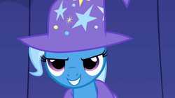 Size: 1280x720 | Tagged: safe, trixie, pony, unicorn, g4, female, looking at you, magic, mare, smiling, solo, trixie's hat, u mad