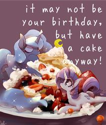 Size: 1000x1176 | Tagged: safe, artist:kolshica, princess luna, rarity, alicorn, pony, unicorn, g4, cake, duo, eyes closed, food, ponies in food, sparkly mane, strawberry, tongue out