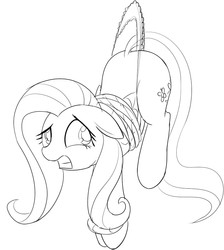 Size: 662x738 | Tagged: safe, artist:mcsadat, fluttershy, pegasus, pony, g4, abuse, bondage, bound wings, clothes, female, floppy ears, flutterbuse, frilly underwear, gritted teeth, lineart, looking at you, mare, monochrome, panties, panty pull, raised eyebrow, rope, simple background, solo, suspended, underwear, wedgie