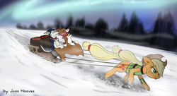 Size: 1600x873 | Tagged: dead source, safe, artist:jcosneverexisted, applejack, winona, dog, husky, pony, g4, clothes, plant team, sledge, snow, sweat, sweatdrop, tongue out, vest, winter wrap up vest