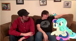 Size: 1302x704 | Tagged: safe, bon bon, lyra heartstrings, sweetie drops, earth pony, human, pony, unicorn, g4, cute, doug walker, doug's adorable visitor, irl, irl human, jason laws, lyra and human, meme, photo