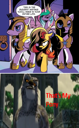 Size: 522x847 | Tagged: safe, idw, official comic, princess celestia, sunset shimmer, pony, g4, spoiler:comic, dreamworks, kung fu panda, meme, royal guard, tai lung, that's my pony, that's my x