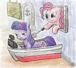 Size: 577x516 | Tagged: safe, artist:trixsun, pinkie pie, twilight sparkle, g4, annoyed, cash register, counter, crossover, frown, glare, krusty krab, male, meme, parody, poking, spongebob squarepants, squidward tentacles, traditional art, twilight sparkle is not amused, unamused
