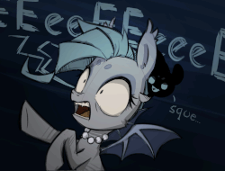 Size: 1024x780 | Tagged: safe, artist:eto ya, oc, oc only, oc:grey mouse, bat pony, mimic, pony, animated, eeee, fangs, female, frown, jewelry, mare, necklace, open mouth, pearl necklace, rearing, scared, screaming, screech, spread wings, squee, the story, tumblr, underhoof, wide eyes