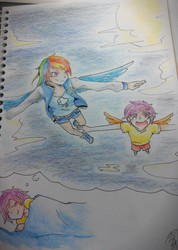 Size: 1792x2520 | Tagged: safe, artist:starblame, rainbow dash, scootaloo, human, g4, dream, flying, humanized, pixiv, traditional art, winged humanization