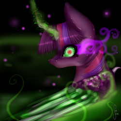 Size: 2000x2000 | Tagged: safe, artist:saoiirse, twilight sparkle, alicorn, pony, g4, colored horn, corrupted, crystal wings, curved horn, dark magic, element of fear, elements of power, evil, female, high res, horn, magic, mare, portrait, solo, sombra eyes, sombra horn, twilight sparkle (alicorn)