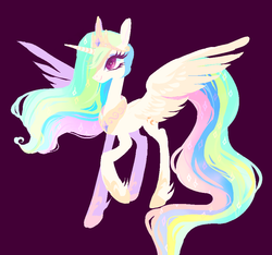 Size: 910x853 | Tagged: safe, artist:shacklefunk, princess celestia, alicorn, pony, g4, female, hair over one eye, leg fluff, mare, purple background, raised hoof, simple background, solo, spread wings, wings