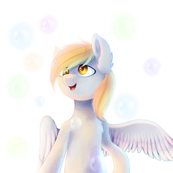 Size: 992x992 | Tagged: safe, artist:ghst-qn, derpy hooves, pegasus, pony, g4, bipedal, bubble, colored pupils, female, happy, simple background, smiling, solo, spread wings, white background, wings