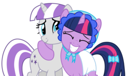 Size: 2248x1352 | Tagged: safe, artist:mighty355, twilight sparkle, twilight velvet, pony, unicorn, g4, adult foal, bonnet, bow, diaper, diaper fetish, duo, female, fetish, hug, mare, mother and daughter, non-baby in diaper, unicorn twilight, white diaper