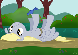 Size: 980x700 | Tagged: safe, artist:hollowzero, derpy hooves, bird, pegasus, pony, g4, female, mare, on back, solo