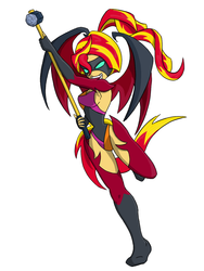 Size: 900x1200 | Tagged: safe, artist:wryte, sunset shimmer, equestria girls, g4, alternate hairstyle, bat wings, boots, clothes, costume, cute little fangs, female, high ponytail, leotard, mask, ponytail, request, shoes, sledgehammer, solo, superhero, tailed humanization, thigh boots, winged humanization