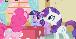 Size: 2552x1312 | Tagged: safe, screencap, pinkie pie, rarity, twilight sparkle, earth pony, pony, unicorn, g4, party of one, balloonbutt, butt, curtains, female, fourth wall, i can see forever, looking at you, mare, plot, punch (drink), punch bowl, sorbet, sugarcube corner, table, tablecloth, teacup, unicorn twilight, window