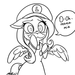 Size: 1200x1200 | Tagged: safe, artist:ryephoenix, fluttershy, pony, g4, bipedal, blushing, clothes, cute, female, floppy ears, lineart, luigi, male, monochrome, moustache, overalls, simple background, solo, spread wings, super mario bros., surprised, wide eyes