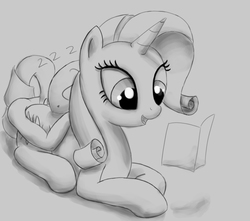 Size: 978x866 | Tagged: safe, artist:augustbebel, rarity, oc, oc:anon, human, pony, unicorn, g4, butt, butt pillow, butthug, cute, dock, female, grayscale, hug, levitation, magic, mare, monochrome, open mouth, plot, raised tail, raribetes, reading, sleeping, tail, telekinesis, zzz