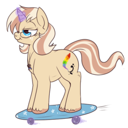 Size: 487x488 | Tagged: safe, artist:lulubell, oc, oc only, oc:lulubell, chubby, freckles, glasses, magic, simple background, skateboard, solo, transparent background