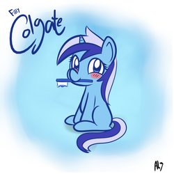 Size: 960x960 | Tagged: safe, artist:datahmedz, minuette, pony, unicorn, g4, blushing, cute, female, filly, filly minuette, minubetes, mouth hold, solo, toothbrush
