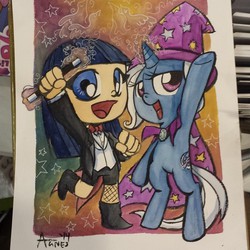 Size: 640x640 | Tagged: safe, artist:agnes garbowska, trixie, pony, g4, bipedal, boots, chibi, clothes, fishnet stockings, pantyhose, tailcoat, traditional art, zatanna