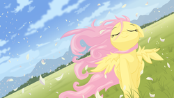 Size: 3999x2250 | Tagged: safe, artist:ostichristian, fluttershy, g4, female, happy, high res, scenery, smiling, solo, windswept mane