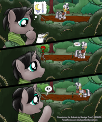 Size: 1000x1200 | Tagged: safe, artist:smudge proof, zecora, oc, oc:benigin bergham, pony, unicorn, zebra, g4, camouflage, clothes, comic, commission, cover, cucumber, everfree forest, no help needed, notepad, observer, scarf, smiling, surprised