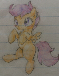 Size: 480x620 | Tagged: dead source, safe, artist:shiihashi, scootaloo, pegasus, pony, g4, blank flank, blushing, cute, cutealoo, female, filly, foal, lined paper, pixiv, solo, spread wings, traditional art, wings