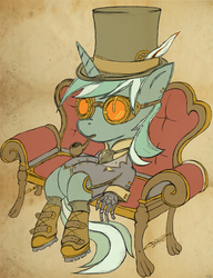 Size: 1370x1780 | Tagged: safe, artist:siberski, lyra heartstrings, g4, clothes, female, pipe, sitting lyra, solo, steampunk