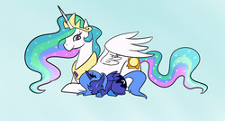 Size: 1134x610 | Tagged: safe, artist:plasters-ponies, artist:ponygoggles, princess celestia, princess luna, g4, filly, s1 luna, simple background, sleeping, woona