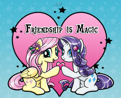 Size: 800x650 | Tagged: safe, artist:k-a-m-b-i, fluttershy, rarity, g4, flower in hair, heart, looking at you, sitting, title drop