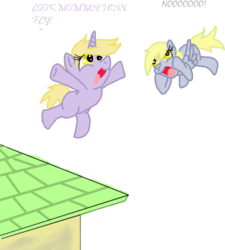 Size: 521x580 | Tagged: safe, artist:kisashika, derpy hooves, dinky hooves, pegasus, pony, unicorn, g4, derp, equestria's worst mother, female, filly, frown, horrified, jumping, mare, open mouth, roof, simple background, squishy cheeks, this will end in tears, too dumb to live, transparent background, wide eyes