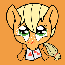 Size: 700x700 | Tagged: safe, artist:smockhobbes, applejack, g4, female, looking at you, mouth hold, playing card, simple background, solo