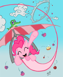 Size: 800x977 | Tagged: dead source, safe, artist:nullh, gummy, pinkie pie, g4, candy, flying, glider, hang glider, hang gliding