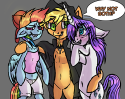 Size: 929x734 | Tagged: safe, applejack, rainbow dash, rarity, earth pony, pegasus, unicorn, semi-anthro, g4, arm hooves, female, lesbian, ship:appledash, ship:raridash, ship:rarijack, ship:rarijackdash, shipping, why not both