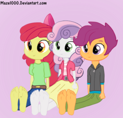 Size: 490x472 | Tagged: safe, artist:maze1000, apple bloom, scootaloo, sweetie belle, equestria girls, g4, barefoot, clothes, cutie mark crusaders, feet, foot fetish, foot focus, sitting, smiling