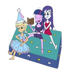 Size: 2552x2608 | Tagged: safe, artist:cesar3o0, applejack, rarity, twilight sparkle, equestria girls, g4, look before you sleep, applejack also dresses in style, barefoot, bed, belly button, equestria girls interpretation, feet, froufrou glittery lacy outfit, hennin, high res, midriff, princess, princess applejack, puffy sleeves, scene interpretation, show accurate, simple background, tickling, white background