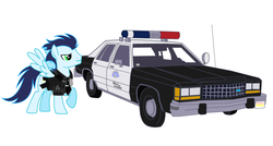 Size: 1024x548 | Tagged: safe, artist:artistbrony, soarin', pegasus, pony, g4, car, crown victoria, ford, male, police, police car, police officer, police uniform, solo
