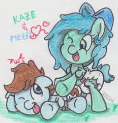 Size: 612x637 | Tagged: safe, artist:jumpstartatlas, oc, oc only, oc:kaze, oc:meep, pony, baby, baby pony, diaper, foal, meze, poofy diaper, traditional art