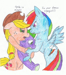 Size: 2344x2668 | Tagged: safe, artist:dawnfelix, artist:ronmart12, applejack, rainbow dash, spike, dragon, earth pony, pegasus, pony, g4, applespikedash, awkward, bisexual, female, high res, interspecies, lesbian, male, polyamory, ship:applespike, ship:rainbowspike, shipping, spike gets all the mares, straight, this will end in a cat fight, traditional art