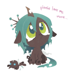 Size: 400x400 | Tagged: safe, artist:raichi, queen chrysalis, changeling, changeling queen, nymph, animated, bronybait, caption, crying, cute, cutealis, doll, eye shimmer, female, floppy ears, frown, looking up, love, plushie, sad, sitting, solo, younger
