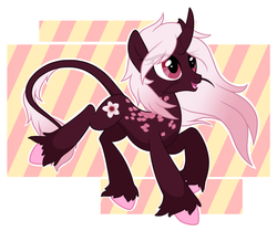 Size: 900x754 | Tagged: safe, artist:chibi--shiro, oc, oc only, oc:plum blossom, classical unicorn, kirin, abstract background, colored hooves, curved horn, hilarious in hindsight, horn, kirin oc, leonine tail, solo, unshorn fetlocks