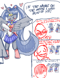 Size: 638x825 | Tagged: safe, artist:redanon, princess luna, oc, oc:anon, pony, g4, bipedal, blushing, body swap, comic, cosplay, eyes closed, frown, heart, mirror, open mouth, part 2, sailor moon (series), smiling, spread wings, sweat
